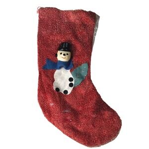 Vintage Christmas Stocking Red Sequin Snowman Applique Holiday Decor